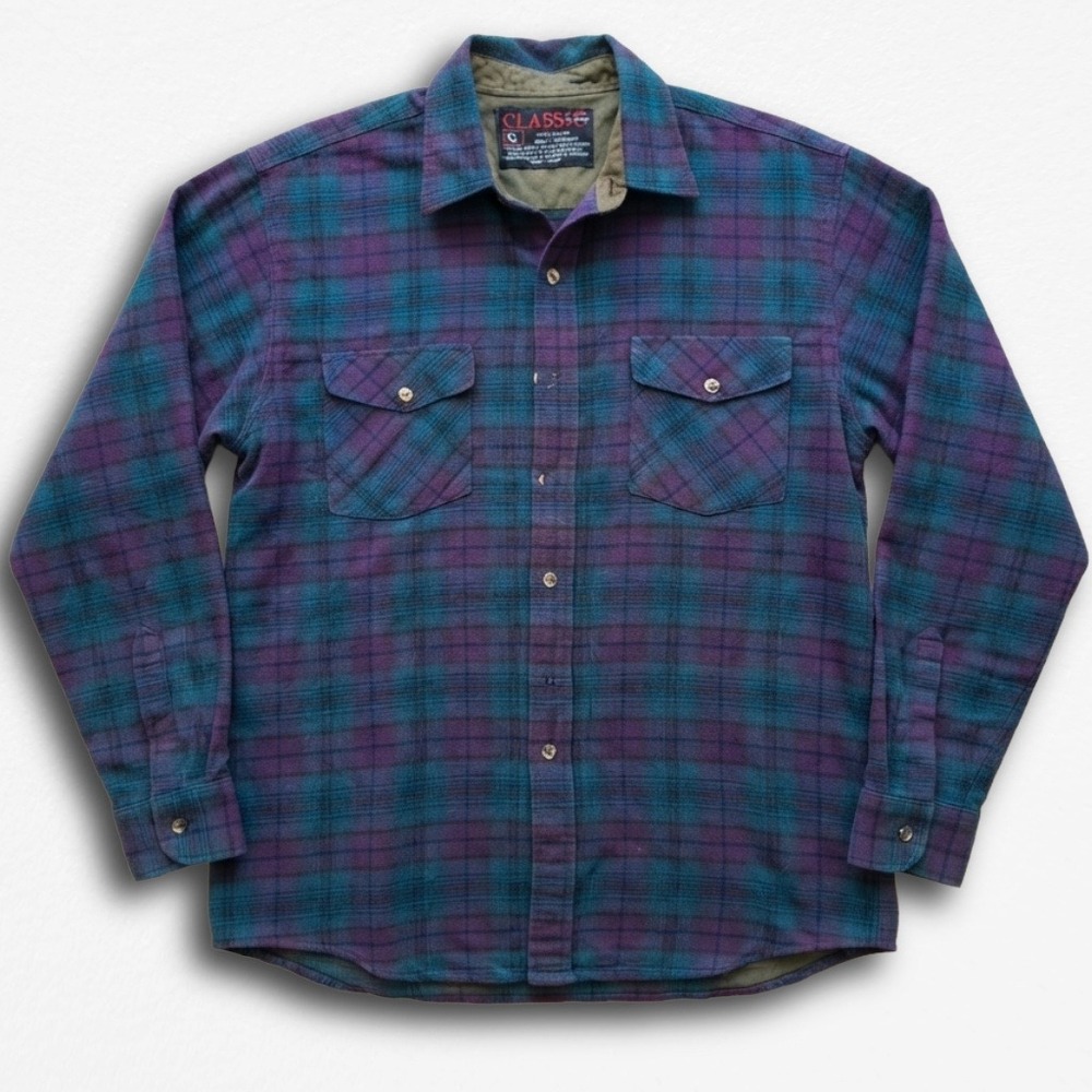 Classic Est 2001 Mens XL Flannel Shirt Purple Teal Plaid Cotton Long Sleeve